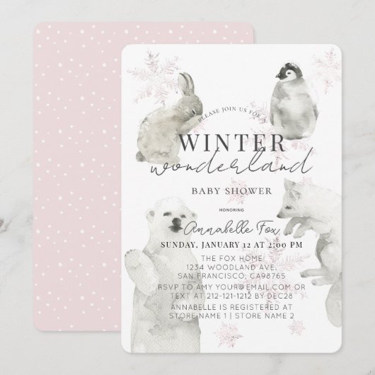 Winter Wonderland Arctic Animals Girl Baby shower Kaart (Voorkant / Achterkant)