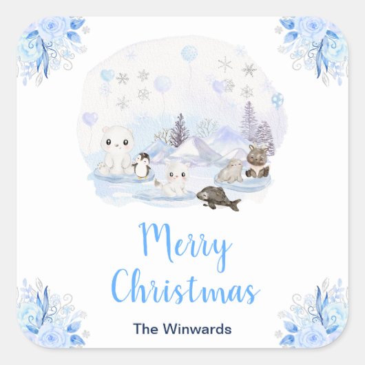 Winter Wonderland Arctic Animals Merry Christmas Vierkante Sticker (Voorkant)