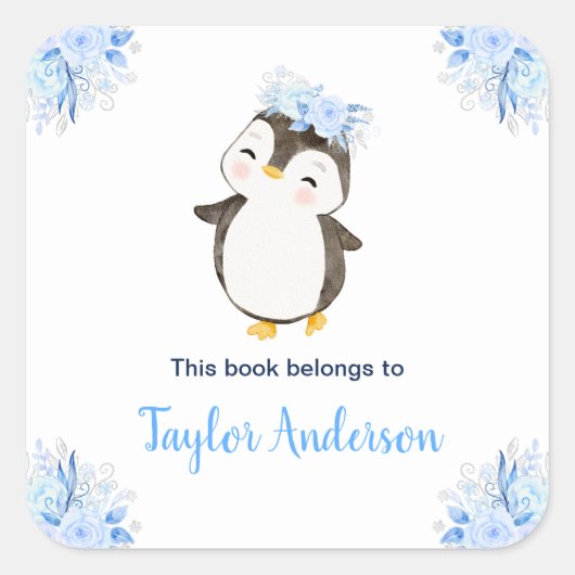 Winter Wonderland Arctic Penguin Kids Bookplate Vierkante Sticker (Voorkant)