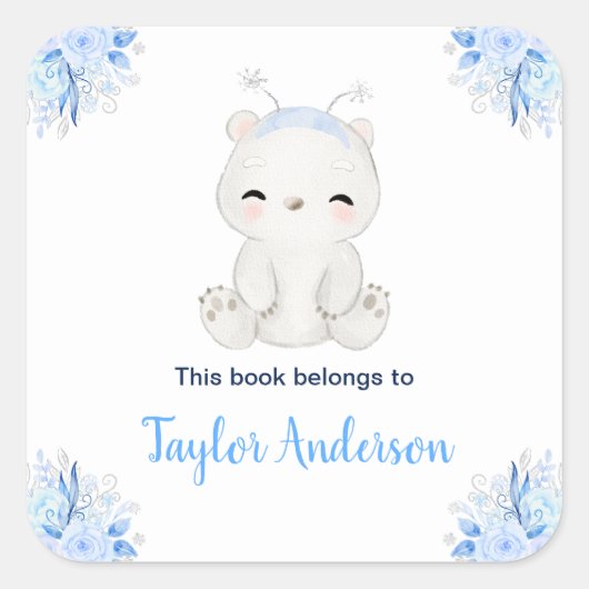 Winter Wonderland Arctic Polar Bear Kids Bookplate Vierkante Sticker (Voorkant)