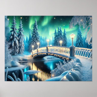 Winter Wonderland Aurora: Snowy Bridge-kunst Poster