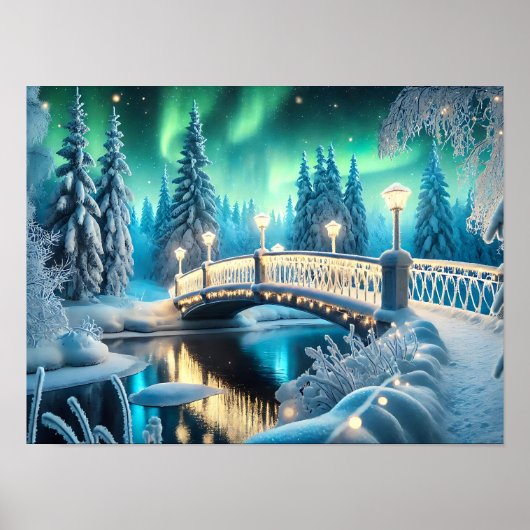 Winter Wonderland Aurora: Snowy Bridge-kunst Poster (Voorkant)