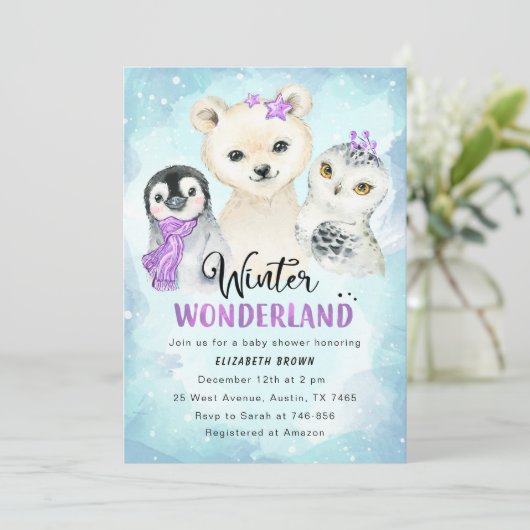 Winter Wonderland Baby shower Invitation Girl Kaart (Staand voorkant)