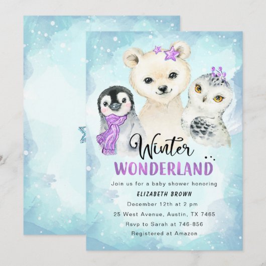 Winter Wonderland Baby shower Invitation Girl Kaart (Voorkant / Achterkant)