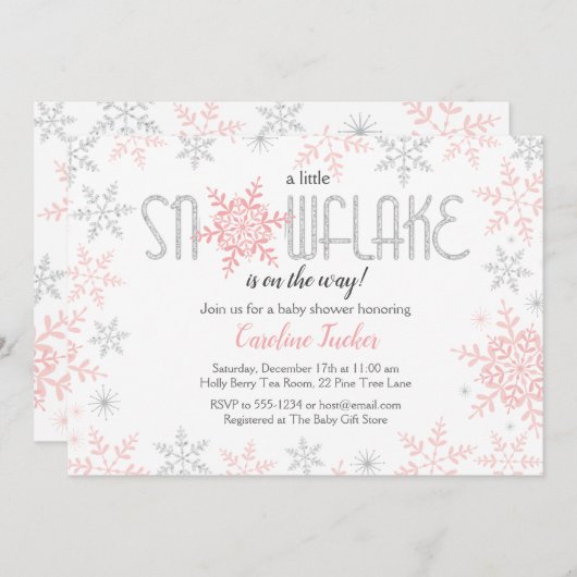 Winter Wonderland Baby shower Roze Zilveren Glitte Kaart (Voorkant / Achterkant)