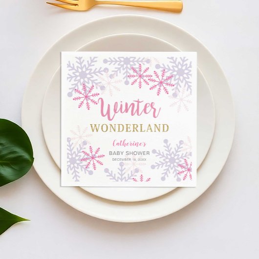 Winter Wonderland Baby shower Sneeuwvlokken Roze Servet