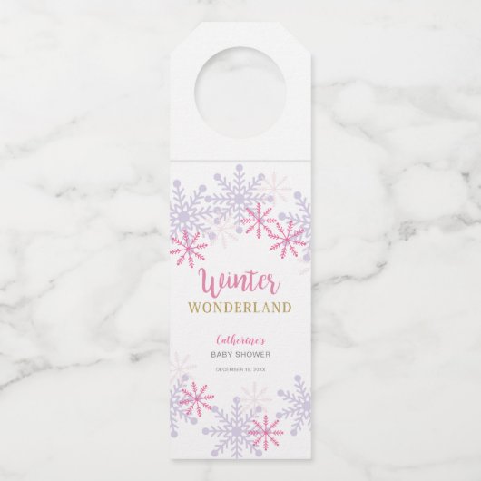 Winter Wonderland Baby shower Snowflakes Cute Pink Flessenhanger (Voorkant)