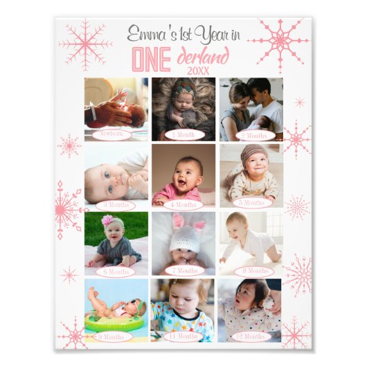 Winter Wonderland Baby's 1e Jaar Foto Collage Foto Afdruk (Voorkant)