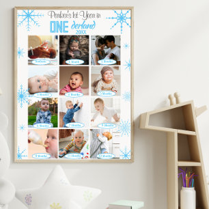 Winter Wonderland Baby's 1e jaar fotocollage Foto Afdruk