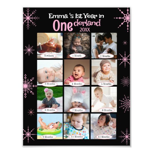Winter Wonderland Baby's 1e jaar fotocollage Foto Afdruk (Voorkant)