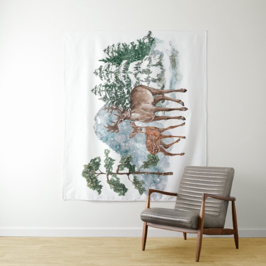 Winter Wonderland Beste en pijnboomsneeuw Herfst Wandkleed (In situ)