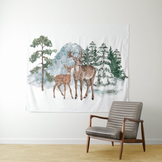 Winter Wonderland Beste en pijnboomsneeuw Herfst Wandkleed (In Situ (horizontaal))