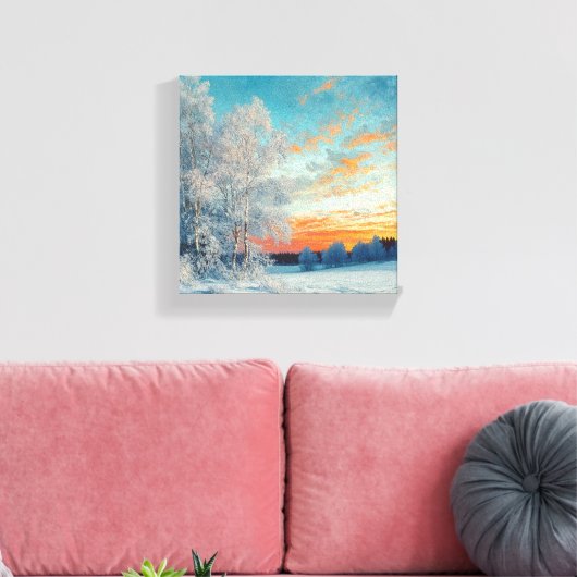 Winter Wonderland bij zonsondergang Canvas Afdruk (Insitu (Woonkamer))