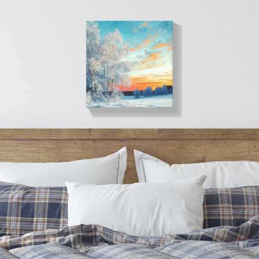 Winter Wonderland bij zonsondergang Canvas Afdruk (Insitu (Slaapkamer))
