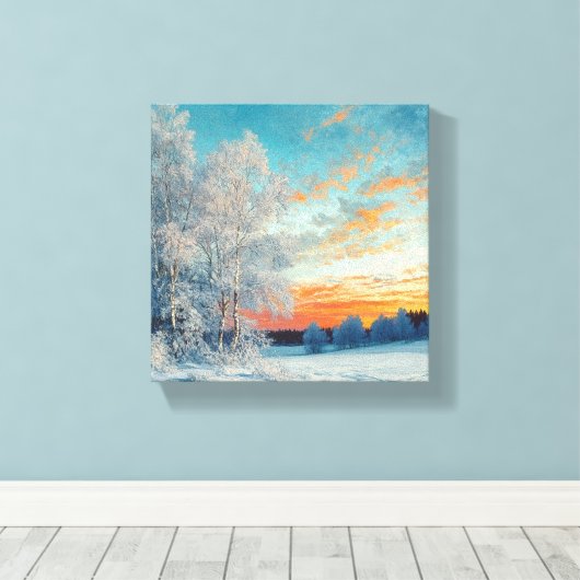 Winter Wonderland bij zonsondergang Canvas Afdruk (Insitu (Houten vloer))