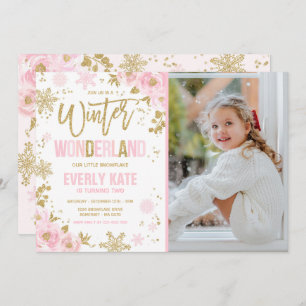 Winter Wonderland Birthday Gold Pink Snowflake Kaart