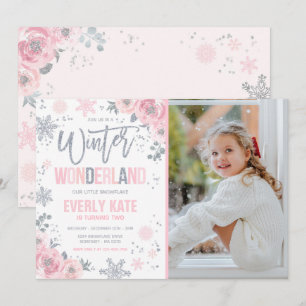 Winter Wonderland Birthday Silver Pink Snowflake Kaart