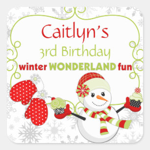 Winter Wonderland Birthday Snowman Mittens Vierkante Sticker