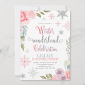 Winter Wonderland Birthday Uitnodiging met bloemen (Voorkant)