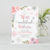 Winter Wonderland Birthday Uitnodiging met bloemen (Staand voorkant)