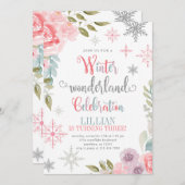 Winter Wonderland Birthday Uitnodiging met bloemen (Voorkant / Achterkant)