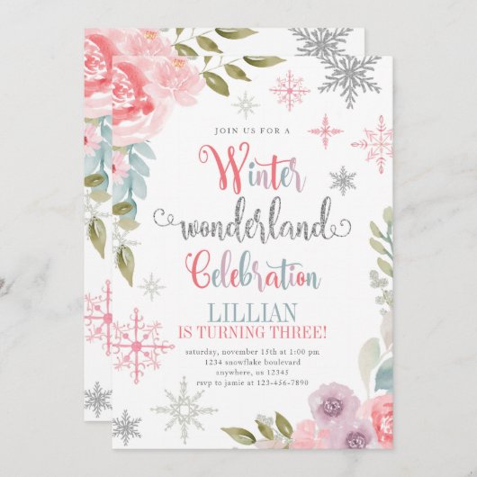 Winter Wonderland Birthday Uitnodiging met bloemen (Voorkant / Achterkant)
