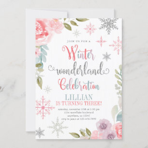 Winter Wonderland Birthday Uitnodiging met bloemen