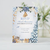 Winter Wonderland Blauw en Goud Quinceanera RSVP Kaartje (Staand voorkant)