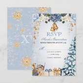 Winter Wonderland Blauw en Goud Quinceanera RSVP Kaartje (Voorkant / Achterkant)