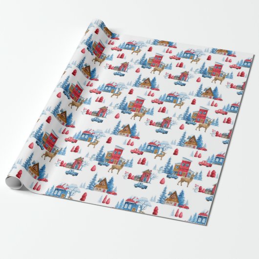 Winter Wonderland blauw & rood Cadeaupapier (Uitgerold)