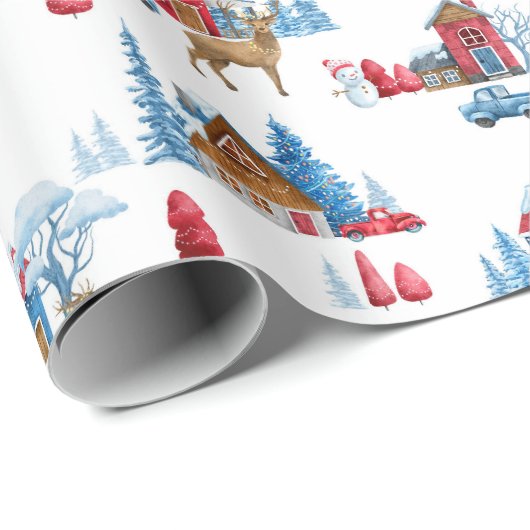 Winter Wonderland blauw & rood Cadeaupapier (Rol Hoek)