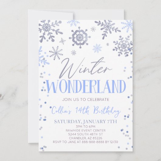 Winter Wonderland Blauw Sneeuwvlok Verjaardagsfees Kaart (Voorkant)