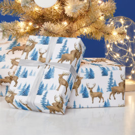 Winter Wonderland Blauw & Tan rendieren Cadeaupapier