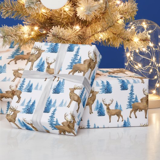Winter Wonderland Blauw & Tan rendieren Cadeaupapier (Feestdagen)