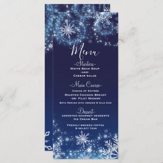 Winter Wonderland Blauw & Wit Sneeuwvlokken Menu (Voorkant / Achterkant)