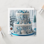 WINTER WONDERLAND BLAUW & WIT VERJAARDAGSTAART KAART (Voorkant / Achterkant in situ)