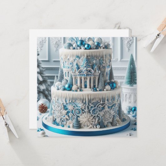 WINTER WONDERLAND BLAUW & WIT VERJAARDAGSTAART KAART (Voorkant / Achterkant in situ)