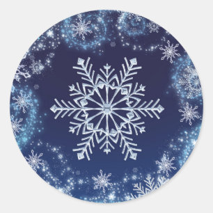 Winter Wonderland Blauw & Witte Sneeuwvlokken Favo Ronde Sticker