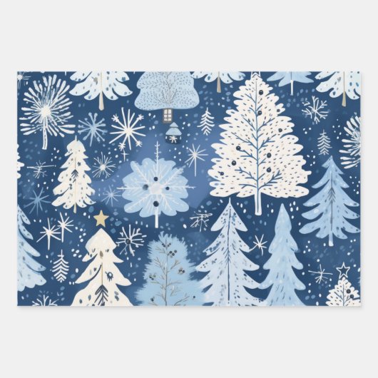 Winter Wonderland: Blauwe en witte kerstboom Inpakpapier Vel (Voorkant 3)