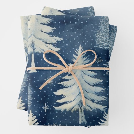 Winter Wonderland: Blauwe en witte kerstboom Inpakpapier Vel (In situ)