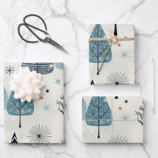 Winter Wonderland: Blauwe en witte kerstboom Inpakpapier Vel (Voorkant)