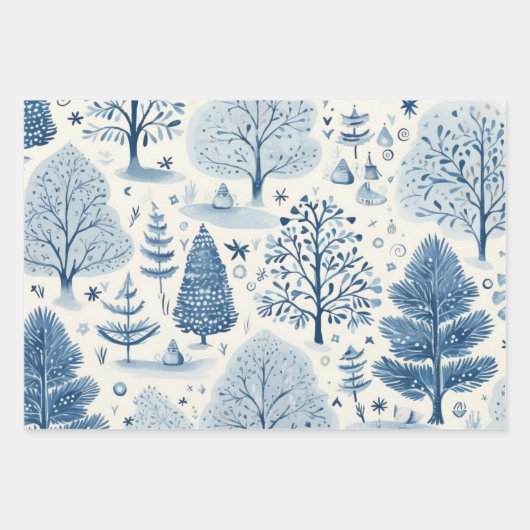 Winter Wonderland: Blauwe en witte kerstboom Inpakpapier Vel (Voorkant 3)