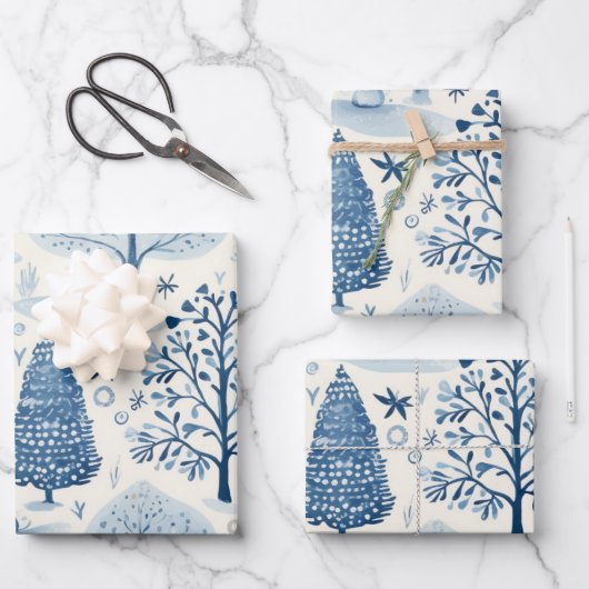 Winter Wonderland: Blauwe en witte kerstboom Inpakpapier Vel (Voorkant)