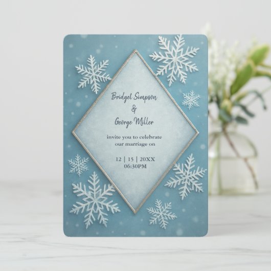 Winter Wonderland Blauwe Sneeuw Romantische bruilo Kaart (Staand voorkant)