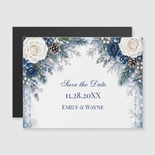 Winter Wonderland Blauwe & Witte Roos Save the Dat Magnetische Uitnodiging