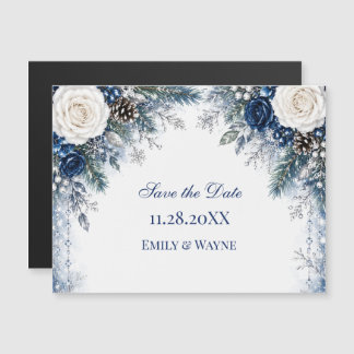 Winter Wonderland Blauwe & Witte Roos Save the Dat Magnetische Uitnodiging