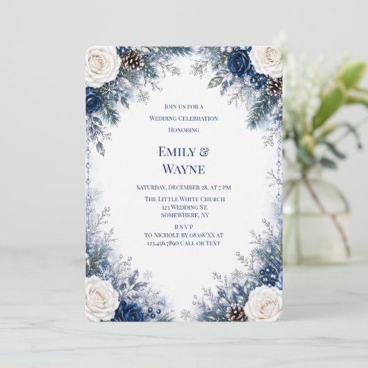 Winter Wonderland Blauwe & Witte Rozen Bruiloft Kaart (Staand voorkant)