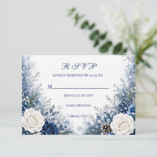 Winter Wonderland Blauwe & Witte Rozen Bruiloft RSVP Kaartje