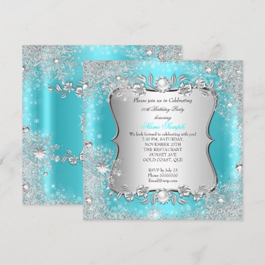 Winter Wonderland Blauwgroen Silver Snowflake Birt Kaart (Voorkant / Achterkant)