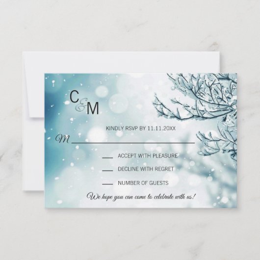 Winter Wonderland Blue Branch Snow Wedding RSVP Kaartje (Voorkant)